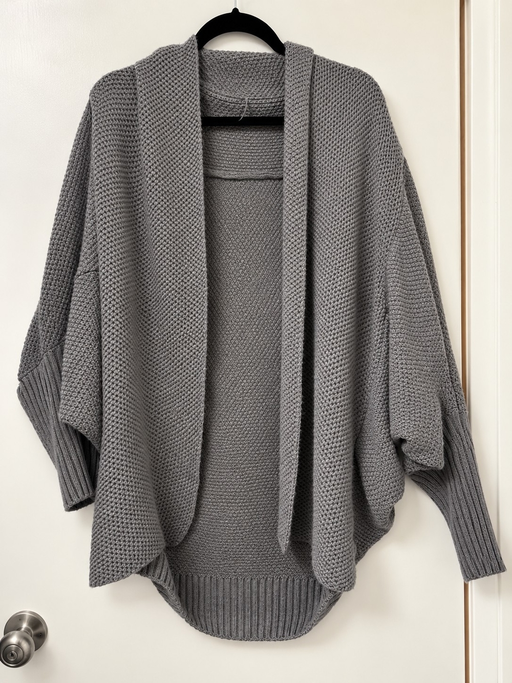 Cozy dark gray open-front knit cardigan in size Large.